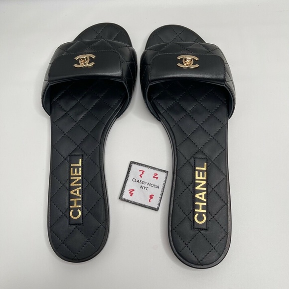 Chanel NIB Black Slides Turnlock Gold CC Logo Quilted Slide Flat Flop Sandals - Picture 5 of 12